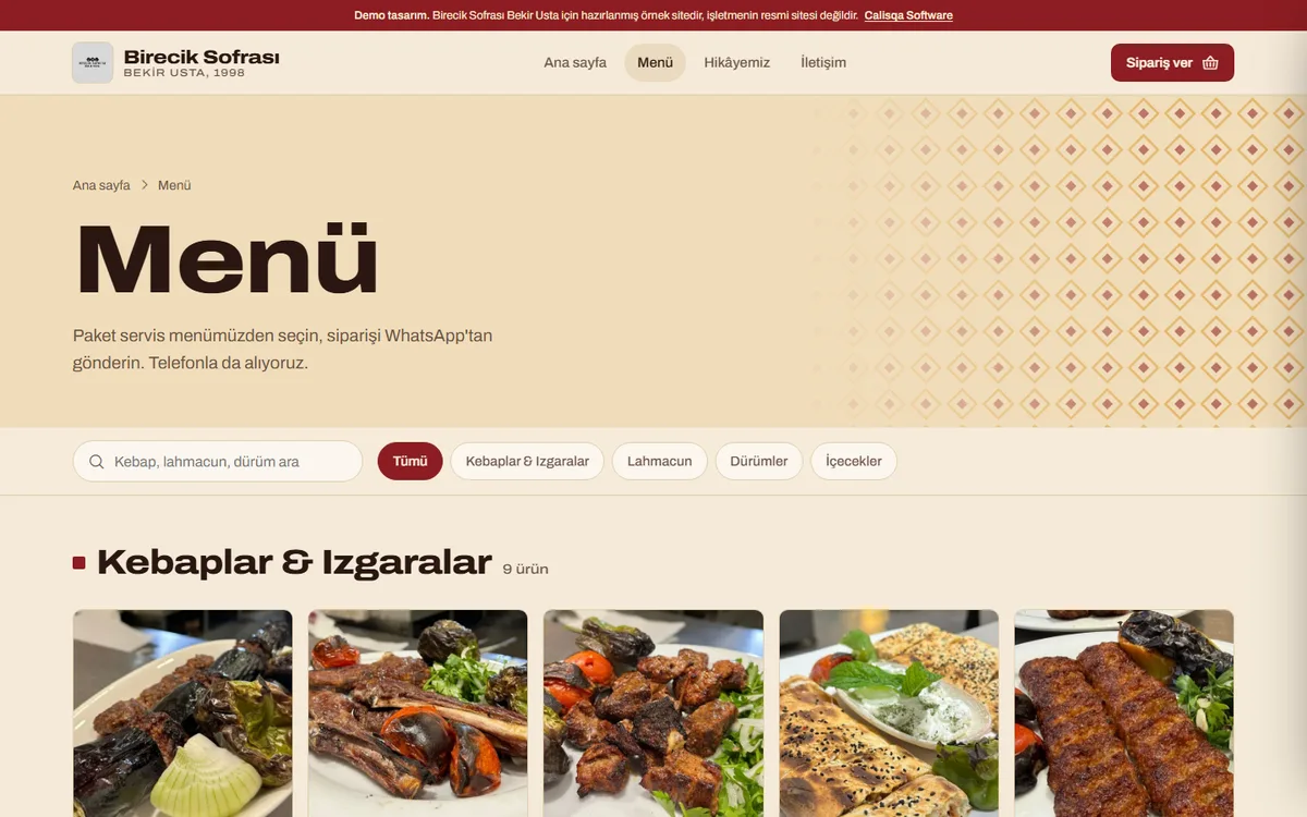 Birecik Sofrası web sitesi, iç sayfa