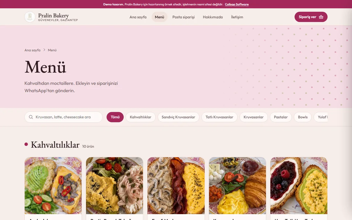Pralin Bakery web sitesi iç sayfa