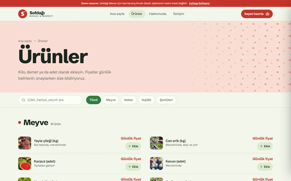Sofdağı Manav web sitesi iç sayfa