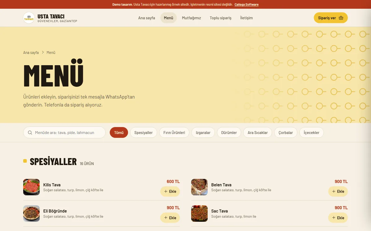 Usta Tavacı web sitesi iç sayfa